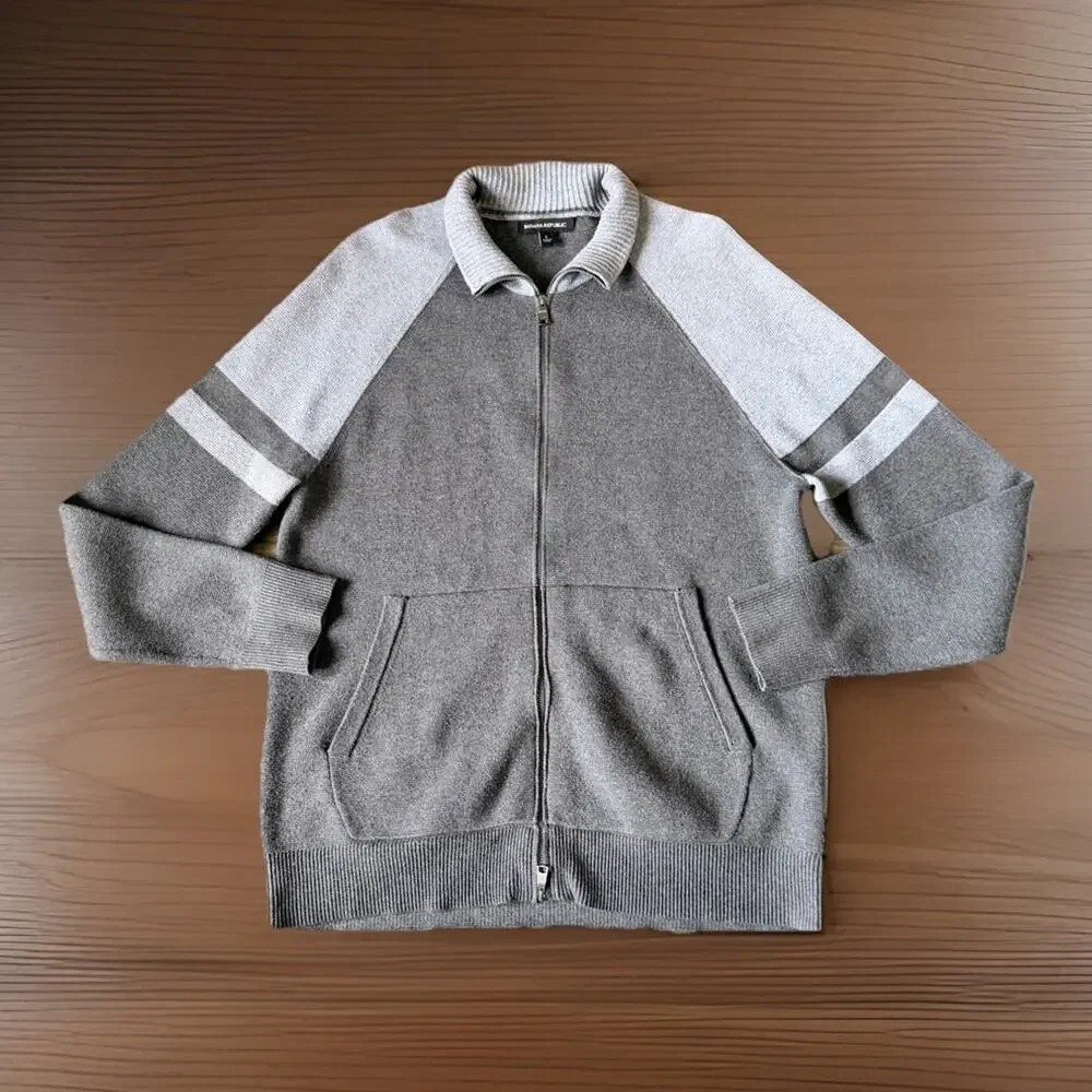 Banana Republic Mens Size L Full Zip Varsity Sweater Gray Mock Neck Quiet Luxury